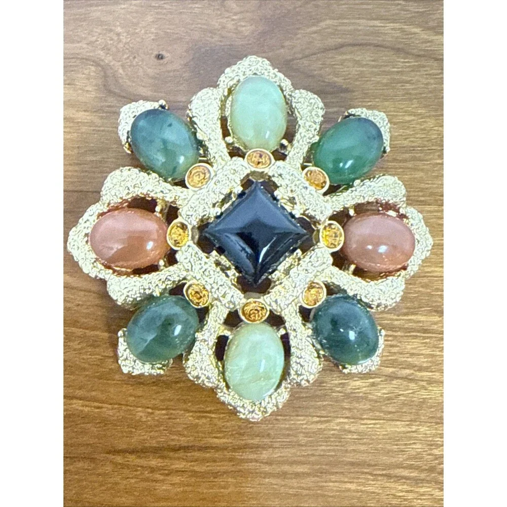Joan Rivers Gold Tone Multicolor Cabochon Statement Brooch Mogul Maltese Cross